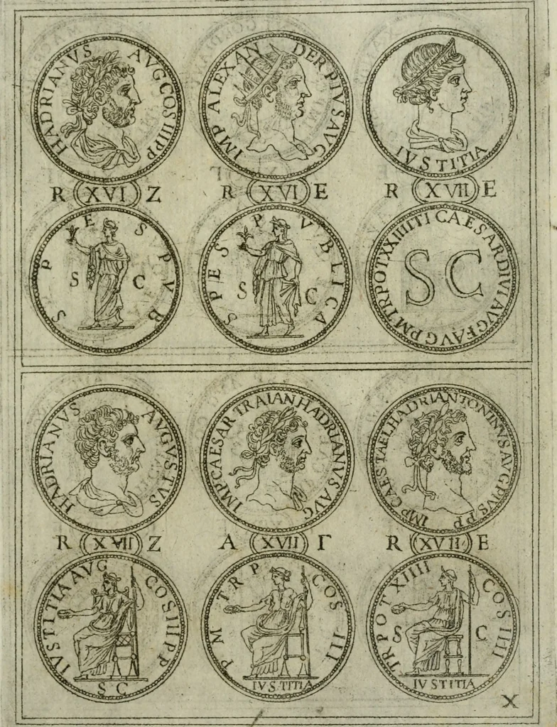 An illustration from Discorsi del S. Don Antonio Agostini sopra le medaglie et altre anticaglie divisi in XI dialoghi : tradotti dalla lingua spagnuola nell'italiana con l'aggiunta di molti ritratti di belle, et rare medaglie .., 1592, leaf 28