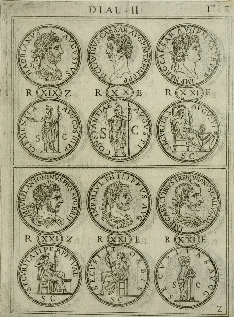 An illustration from Discorsi del S. Don Antonio Agostini sopra le medaglie et altre anticaglie divisi in XI dialoghi : tradotti dalla lingua spagnuola nell'italiana con l'aggiunta di molti ritratti di belle, et rare medaglie .., 1592, leaf 30