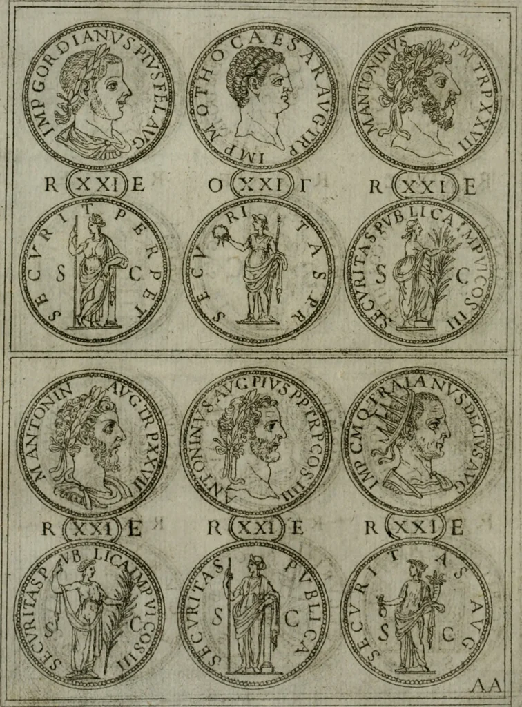 An illustration from Discorsi del S. Don Antonio Agostini sopra le medaglie et altre anticaglie divisi in XI dialoghi : tradotti dalla lingua spagnuola nell'italiana con l'aggiunta di molti ritratti di belle, et rare medaglie .., 1592, leaf 31