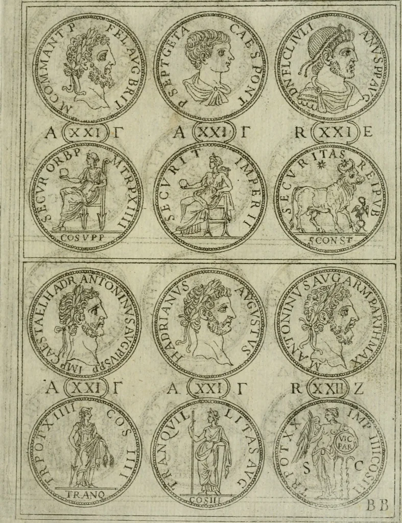 An illustration from Discorsi del S. Don Antonio Agostini sopra le medaglie et altre anticaglie divisi in XI dialoghi : tradotti dalla lingua spagnuola nell'italiana con l'aggiunta di molti ritratti di belle, et rare medaglie .., 1592, leaf 32