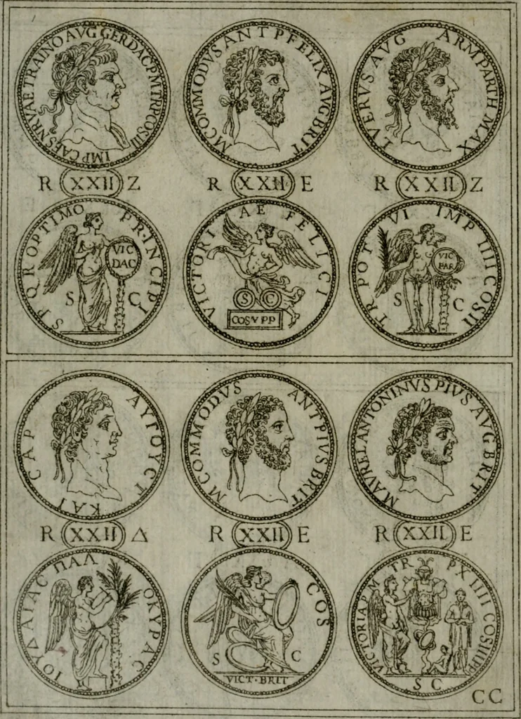 An illustration from Discorsi del S. Don Antonio Agostini sopra le medaglie et altre anticaglie divisi in XI dialoghi : tradotti dalla lingua spagnuola nell'italiana con l'aggiunta di molti ritratti di belle, et rare medaglie .., 1592, leaf 33