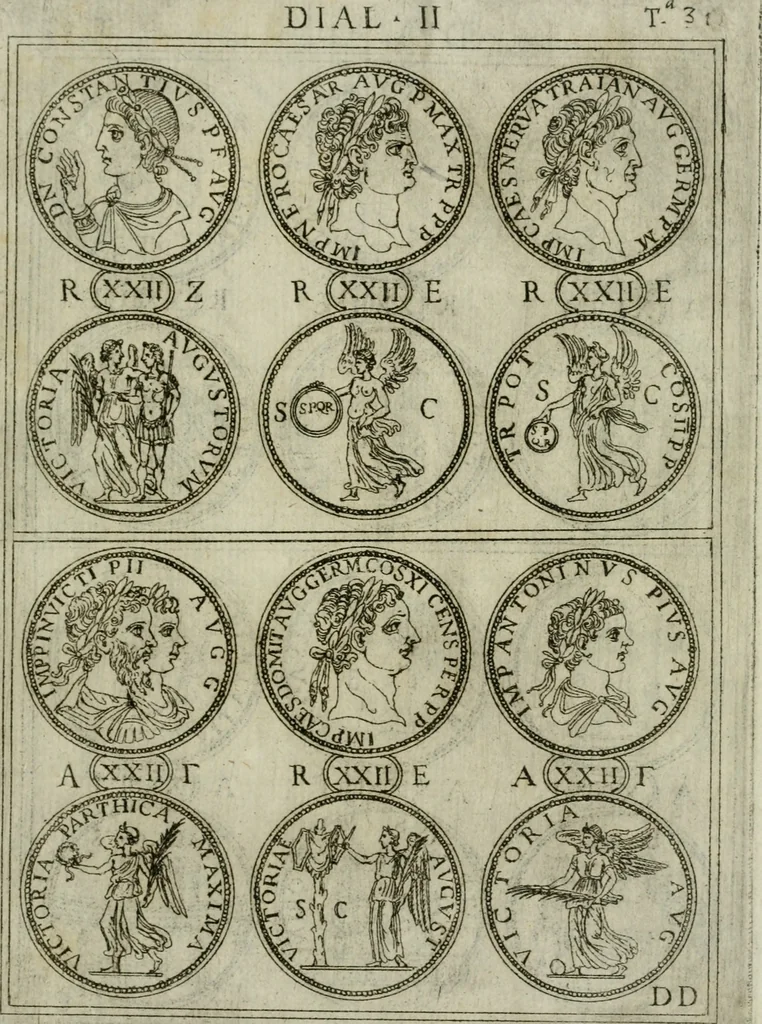 An illustration from Discorsi del S. Don Antonio Agostini sopra le medaglie et altre anticaglie divisi in XI dialoghi : tradotti dalla lingua spagnuola nell'italiana con l'aggiunta di molti ritratti di belle, et rare medaglie .., 1592, leaf 34