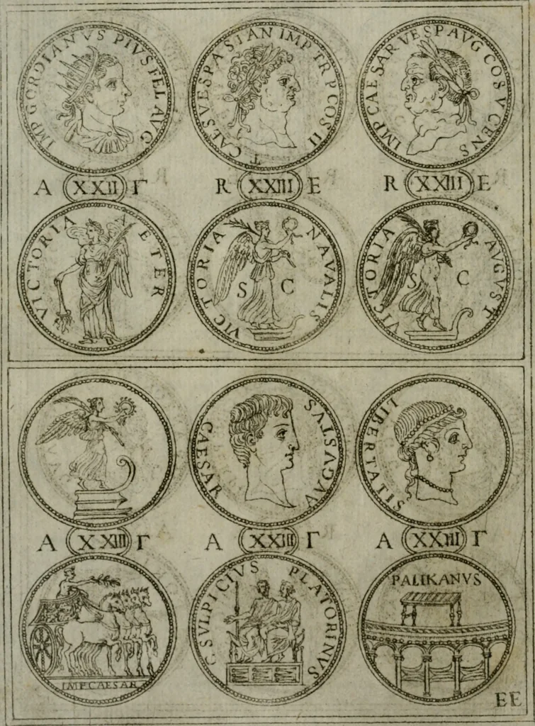 An illustration from Discorsi del S. Don Antonio Agostini sopra le medaglie et altre anticaglie divisi in XI dialoghi : tradotti dalla lingua spagnuola nell'italiana con l'aggiunta di molti ritratti di belle, et rare medaglie .., 1592, leaf 35
