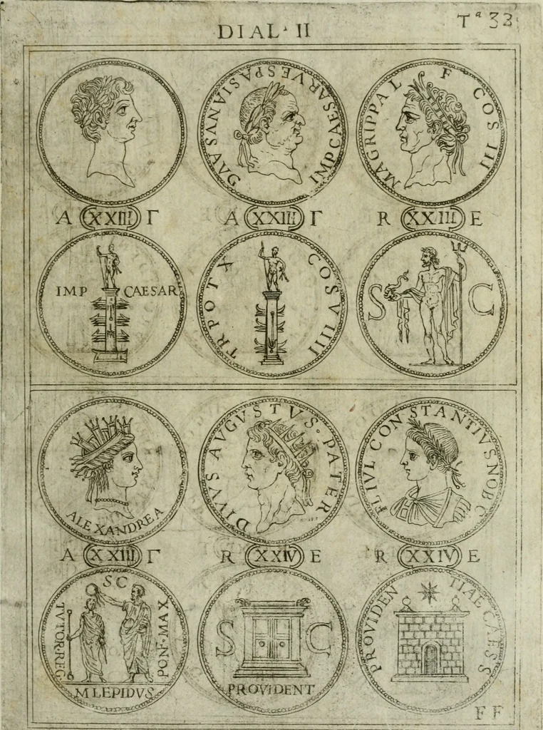 An illustration from Discorsi del S. Don Antonio Agostini sopra le medaglie et altre anticaglie divisi in XI dialoghi : tradotti dalla lingua spagnuola nell'italiana con l'aggiunta di molti ritratti di belle, et rare medaglie .., 1592, leaf 36