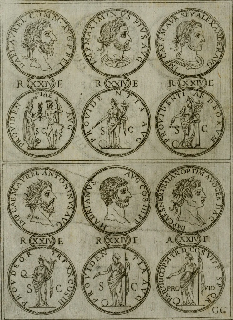 An illustration from Discorsi del S. Don Antonio Agostini sopra le medaglie et altre anticaglie divisi in XI dialoghi : tradotti dalla lingua spagnuola nell'italiana con l'aggiunta di molti ritratti di belle, et rare medaglie .., 1592, leaf 37