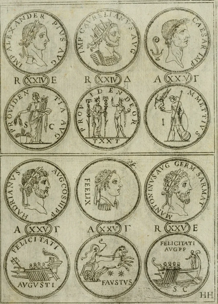 An illustration from Discorsi del S. Don Antonio Agostini sopra le medaglie et altre anticaglie divisi in XI dialoghi : tradotti dalla lingua spagnuola nell'italiana con l'aggiunta di molti ritratti di belle, et rare medaglie .., 1592, leaf 38