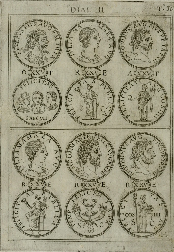 An illustration from Discorsi del S. Don Antonio Agostini sopra le medaglie et altre anticaglie divisi in XI dialoghi : tradotti dalla lingua spagnuola nell'italiana con l'aggiunta di molti ritratti di belle, et rare medaglie .., 1592, leaf 39