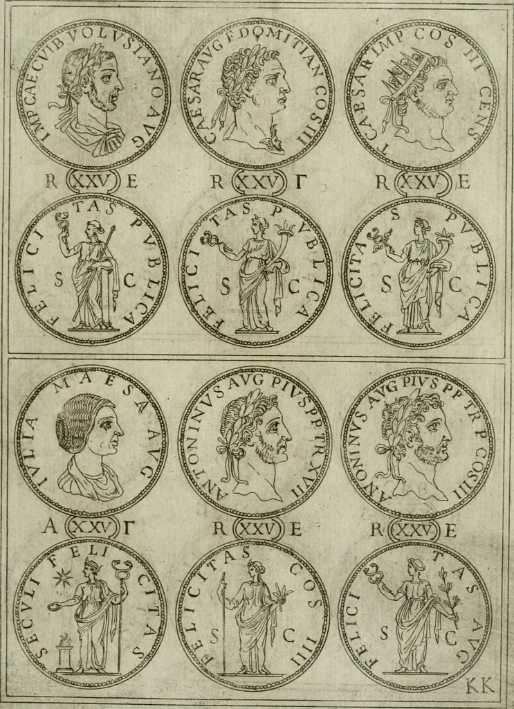 An illustration from Discorsi del S. Don Antonio Agostini sopra le medaglie et altre anticaglie divisi in XI dialoghi : tradotti dalla lingua spagnuola nell'italiana con l'aggiunta di molti ritratti di belle, et rare medaglie .., 1592, leaf 40