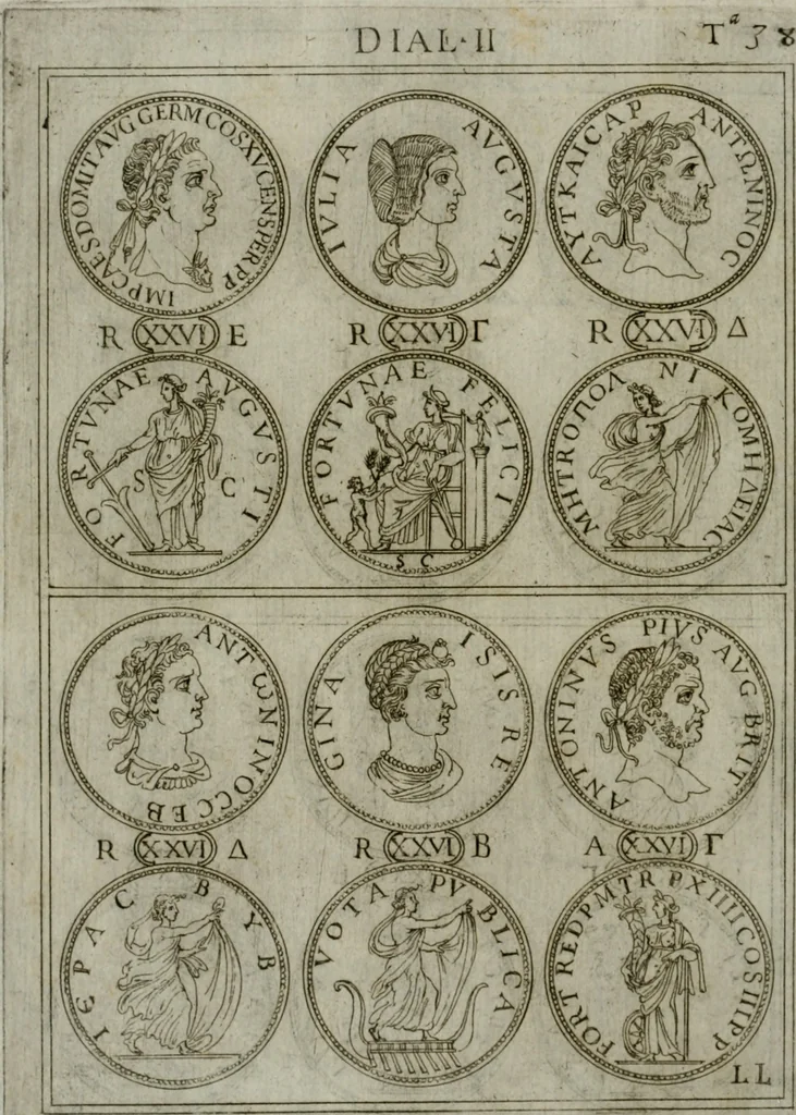 An illustration from Discorsi del S. Don Antonio Agostini sopra le medaglie et altre anticaglie divisi in XI dialoghi : tradotti dalla lingua spagnuola nell'italiana con l'aggiunta di molti ritratti di belle, et rare medaglie .., 1592, leaf 41