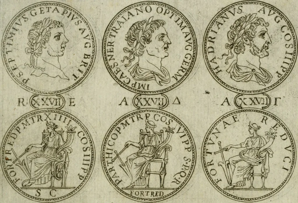 An illustration from Discorsi del S. Don Antonio Agostini sopra le medaglie et altre anticaglie divisi in XI dialoghi : tradotti dalla lingua spagnuola nell'italiana con l'aggiunta di molti ritratti di belle, et rare medaglie .., 1592, leaf 42