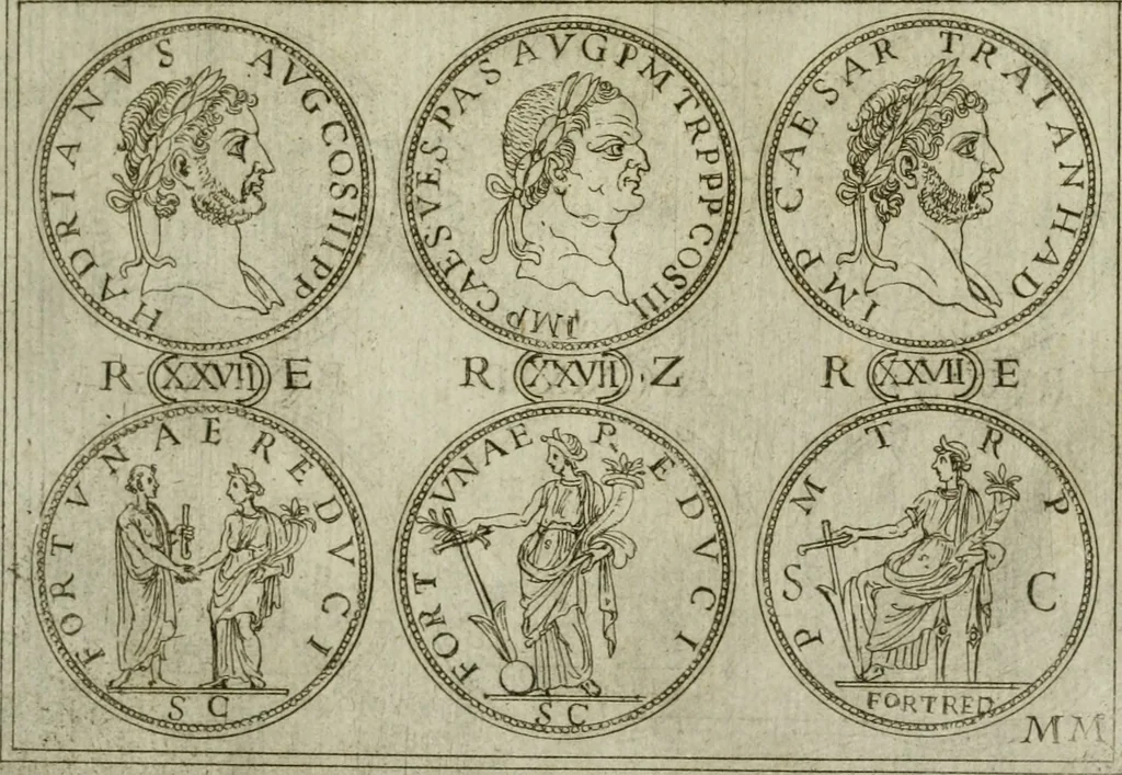 An illustration from Discorsi del S. Don Antonio Agostini sopra le medaglie et altre anticaglie divisi in XI dialoghi : tradotti dalla lingua spagnuola nell'italiana con l'aggiunta di molti ritratti di belle, et rare medaglie .., 1592, leaf 42