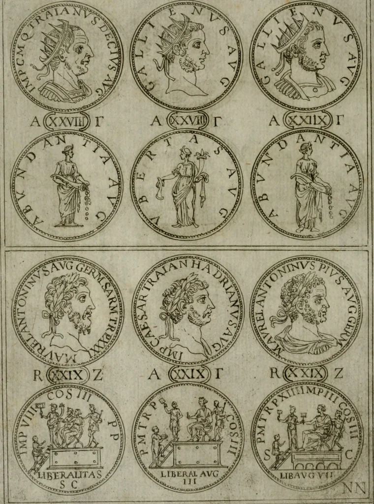 An illustration from Discorsi del S. Don Antonio Agostini sopra le medaglie et altre anticaglie divisi in XI dialoghi : tradotti dalla lingua spagnuola nell'italiana con l'aggiunta di molti ritratti di belle, et rare medaglie .., 1592, leaf 43