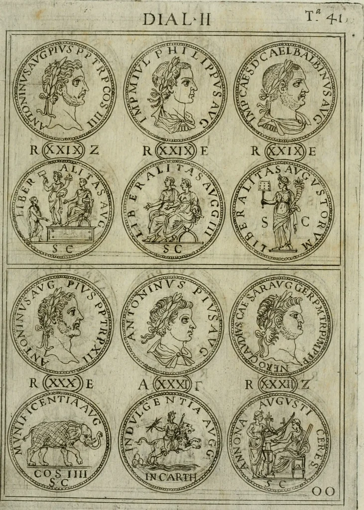An illustration from Discorsi del S. Don Antonio Agostini sopra le medaglie et altre anticaglie divisi in XI dialoghi : tradotti dalla lingua spagnuola nell'italiana con l'aggiunta di molti ritratti di belle, et rare medaglie .., 1592, leaf 44