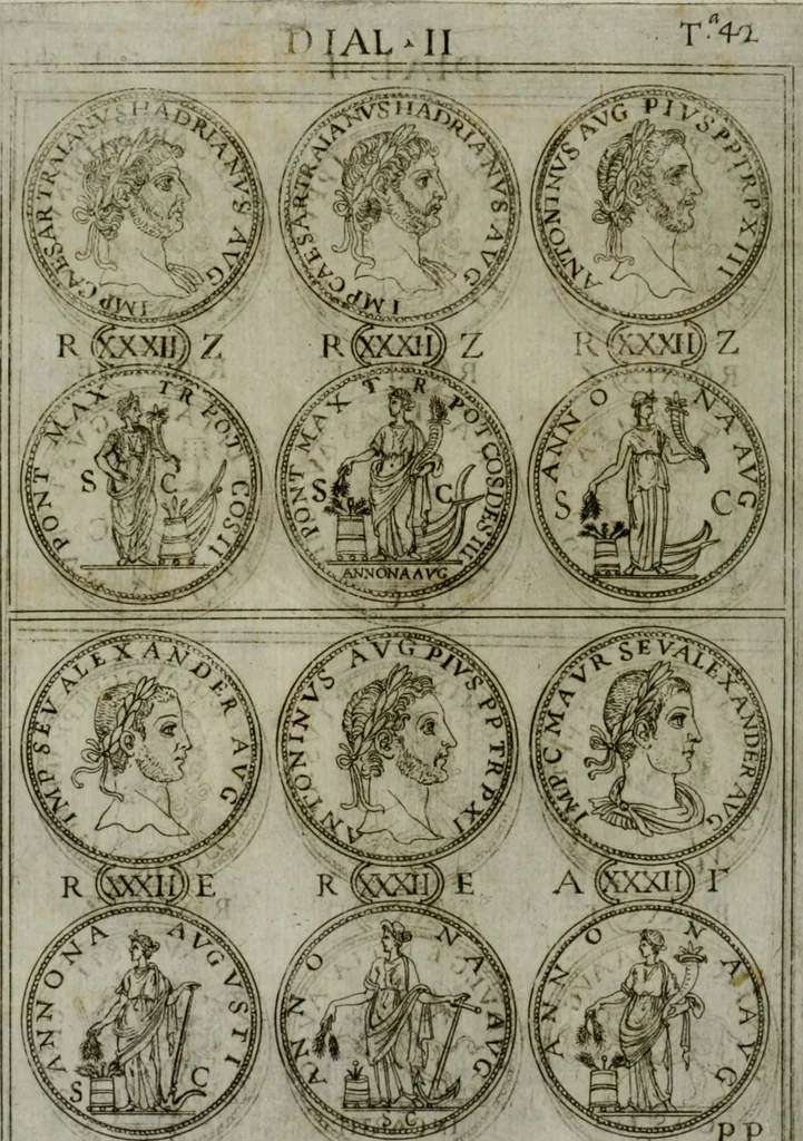 An illustration from Discorsi del S. Don Antonio Agostini sopra le medaglie et altre anticaglie divisi in XI dialoghi : tradotti dalla lingua spagnuola nell'italiana con l'aggiunta di molti ritratti di belle, et rare medaglie .., 1592, leaf 45