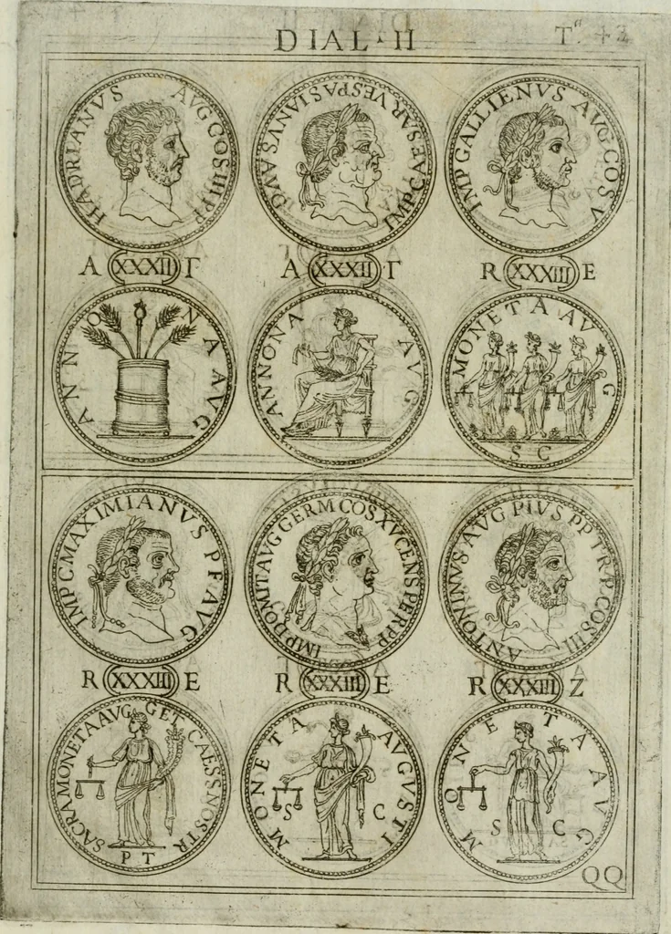 An illustration from Discorsi del S. Don Antonio Agostini sopra le medaglie et altre anticaglie divisi in XI dialoghi : tradotti dalla lingua spagnuola nell'italiana con l'aggiunta di molti ritratti di belle, et rare medaglie .., 1592, leaf 46