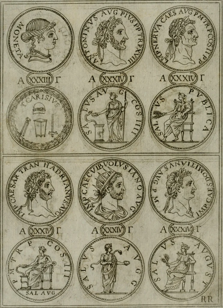 An illustration from Discorsi del S. Don Antonio Agostini sopra le medaglie et altre anticaglie divisi in XI dialoghi : tradotti dalla lingua spagnuola nell'italiana con l'aggiunta di molti ritratti di belle, et rare medaglie .., 1592, leaf 47