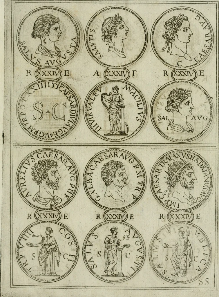 An illustration from Discorsi del S. Don Antonio Agostini sopra le medaglie et altre anticaglie divisi in XI dialoghi : tradotti dalla lingua spagnuola nell'italiana con l'aggiunta di molti ritratti di belle, et rare medaglie .., 1592, leaf 48