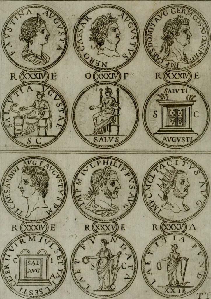 An illustration from Discorsi del S. Don Antonio Agostini sopra le medaglie et altre anticaglie divisi in XI dialoghi : tradotti dalla lingua spagnuola nell'italiana con l'aggiunta di molti ritratti di belle, et rare medaglie .., 1592, leaf 49