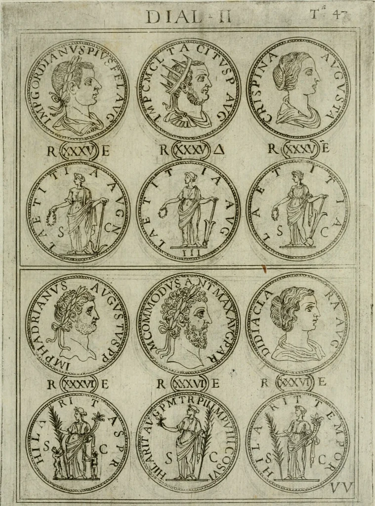 An illustration from Discorsi del S. Don Antonio Agostini sopra le medaglie et altre anticaglie divisi in XI dialoghi : tradotti dalla lingua spagnuola nell'italiana con l'aggiunta di molti ritratti di belle, et rare medaglie .., 1592, leaf 50