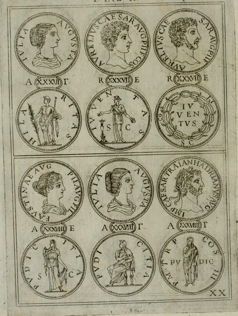 An illustration from Discorsi del S. Don Antonio Agostini sopra le medaglie et altre anticaglie divisi in XI dialoghi : tradotti dalla lingua spagnuola nell'italiana con l'aggiunta di molti ritratti di belle, et rare medaglie .., 1592, leaf 51