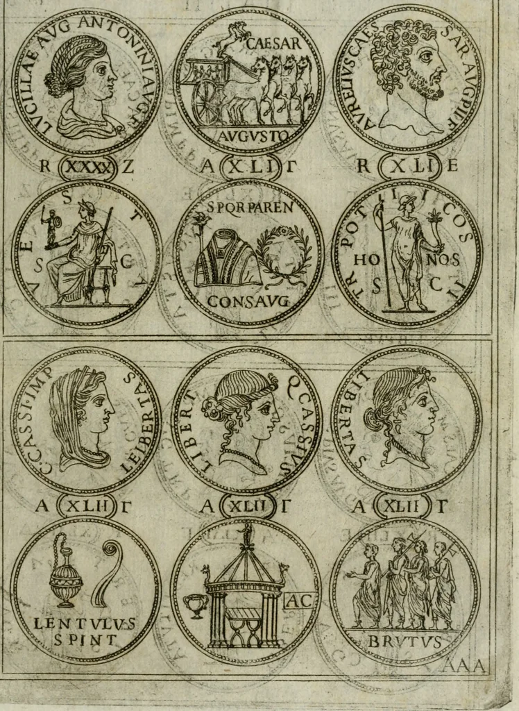 An illustration from Discorsi del S. Don Antonio Agostini sopra le medaglie et altre anticaglie divisi in XI dialoghi : tradotti dalla lingua spagnuola nell'italiana con l'aggiunta di molti ritratti di belle, et rare medaglie .., 1592, leaf 54