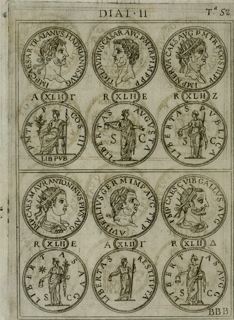 An illustration from Discorsi del S. Don Antonio Agostini sopra le medaglie et altre anticaglie divisi in XI dialoghi : tradotti dalla lingua spagnuola nell'italiana con l'aggiunta di molti ritratti di belle, et rare medaglie .., 1592, leaf 55