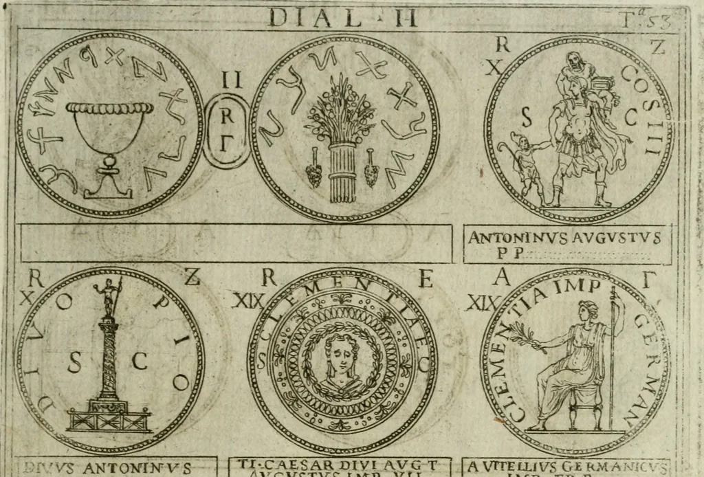 An illustration from Discorsi del S. Don Antonio Agostini sopra le medaglie et altre anticaglie divisi in XI dialoghi : tradotti dalla lingua spagnuola nell'italiana con l'aggiunta di molti ritratti di belle, et rare medaglie .., 1592, leaf 56