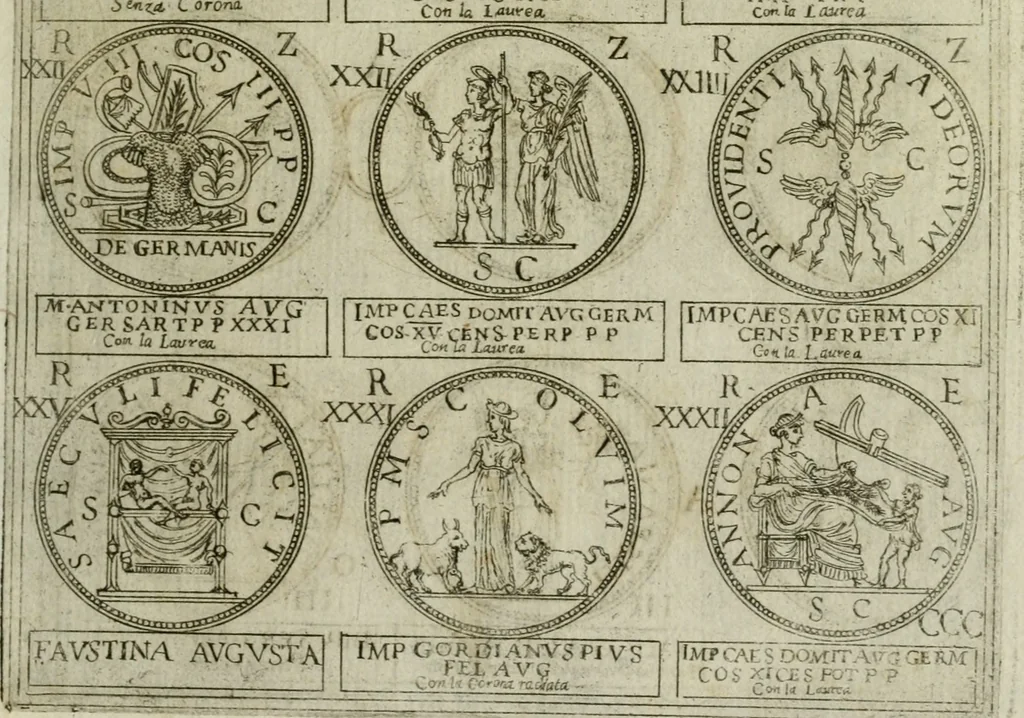 An illustration from Discorsi del S. Don Antonio Agostini sopra le medaglie et altre anticaglie divisi in XI dialoghi : tradotti dalla lingua spagnuola nell'italiana con l'aggiunta di molti ritratti di belle, et rare medaglie .., 1592, leaf 56