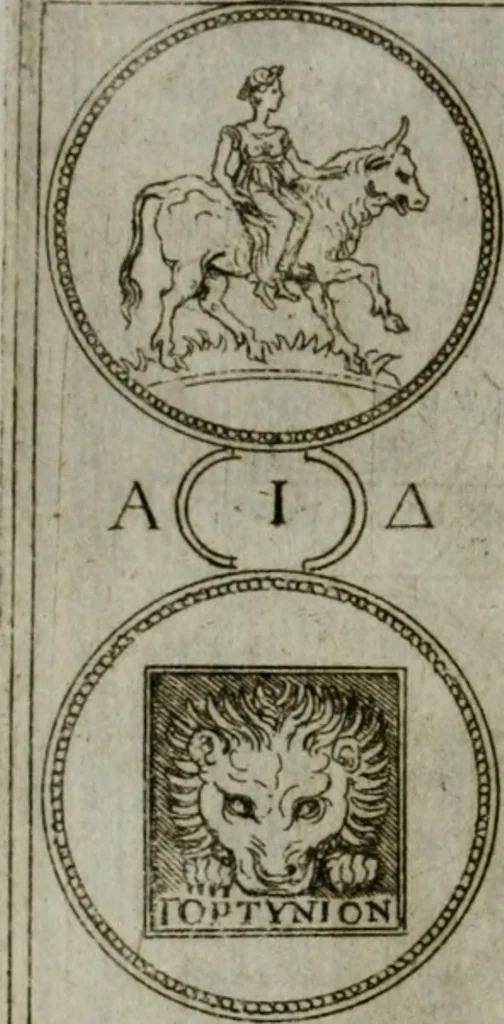 An illustration from Discorsi del S. Don Antonio Agostini sopra le medaglie et altre anticaglie divisi in XI dialoghi : tradotti dalla lingua spagnuola nell'italiana con l'aggiunta di molti ritratti di belle, et rare medaglie .., 1592, leaf 57