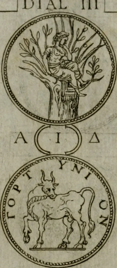 An illustration from Discorsi del S. Don Antonio Agostini sopra le medaglie et altre anticaglie divisi in XI dialoghi : tradotti dalla lingua spagnuola nell'italiana con l'aggiunta di molti ritratti di belle, et rare medaglie .., 1592, leaf 57