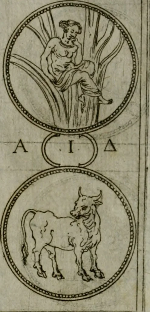 An illustration from Discorsi del S. Don Antonio Agostini sopra le medaglie et altre anticaglie divisi in XI dialoghi : tradotti dalla lingua spagnuola nell'italiana con l'aggiunta di molti ritratti di belle, et rare medaglie .., 1592, leaf 57