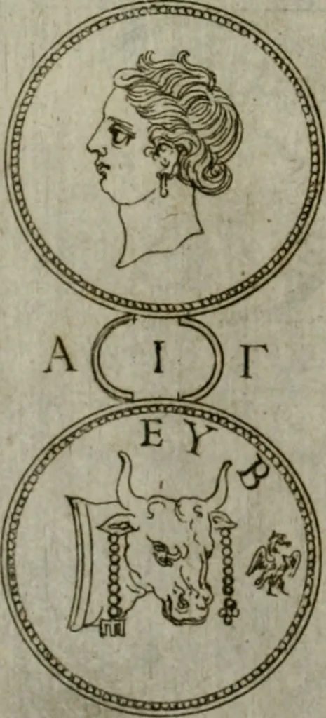 An illustration from Discorsi del S. Don Antonio Agostini sopra le medaglie et altre anticaglie divisi in XI dialoghi : tradotti dalla lingua spagnuola nell'italiana con l'aggiunta di molti ritratti di belle, et rare medaglie .., 1592, leaf 57