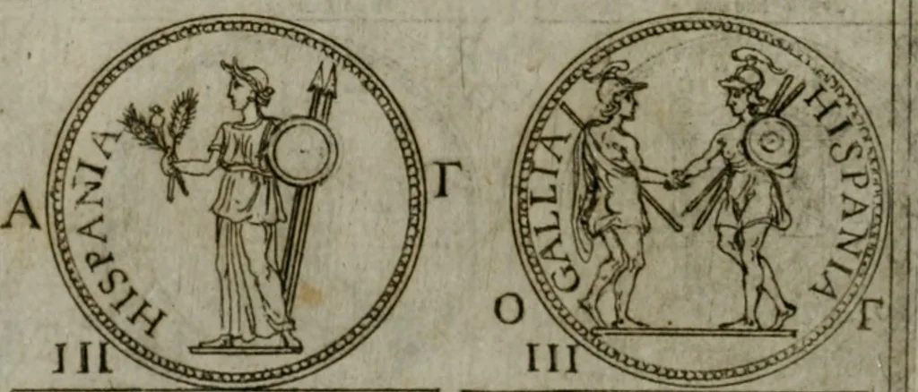 An illustration from Discorsi del S. Don Antonio Agostini sopra le medaglie et altre anticaglie divisi in XI dialoghi : tradotti dalla lingua spagnuola nell'italiana con l'aggiunta di molti ritratti di belle, et rare medaglie .., 1592, leaf 57