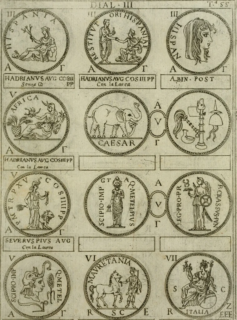 An illustration from Discorsi del S. Don Antonio Agostini sopra le medaglie et altre anticaglie divisi in XI dialoghi : tradotti dalla lingua spagnuola nell'italiana con l'aggiunta di molti ritratti di belle, et rare medaglie .., 1592, leaf 58