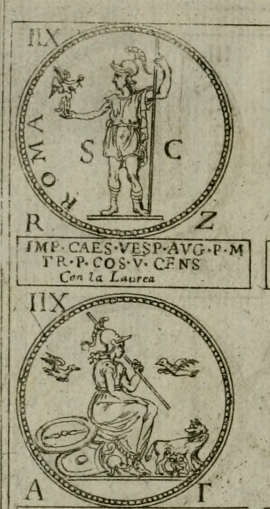 An illustration from Discorsi del S. Don Antonio Agostini sopra le medaglie et altre anticaglie divisi in XI dialoghi : tradotti dalla lingua spagnuola nell'italiana con l'aggiunta di molti ritratti di belle, et rare medaglie .., 1592, leaf 59
