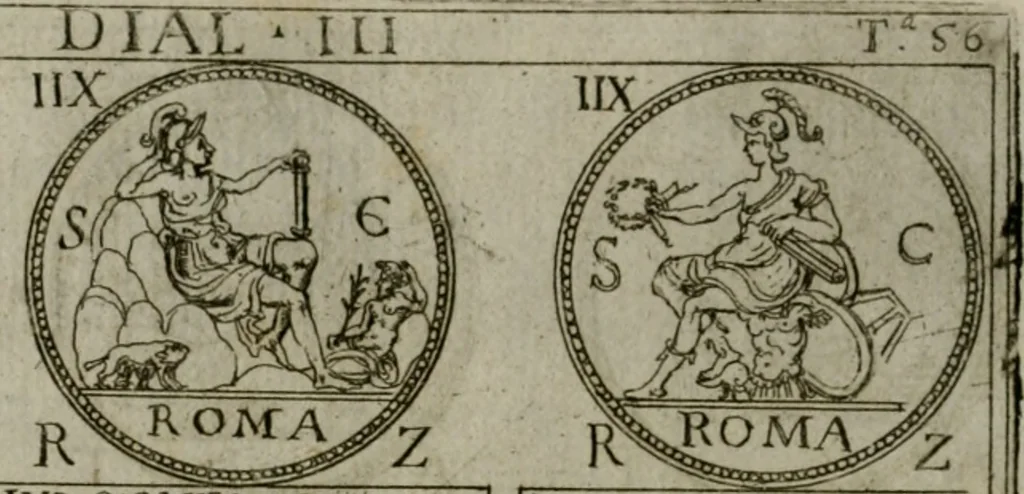 An illustration from Discorsi del S. Don Antonio Agostini sopra le medaglie et altre anticaglie divisi in XI dialoghi : tradotti dalla lingua spagnuola nell'italiana con l'aggiunta di molti ritratti di belle, et rare medaglie .., 1592, leaf 59