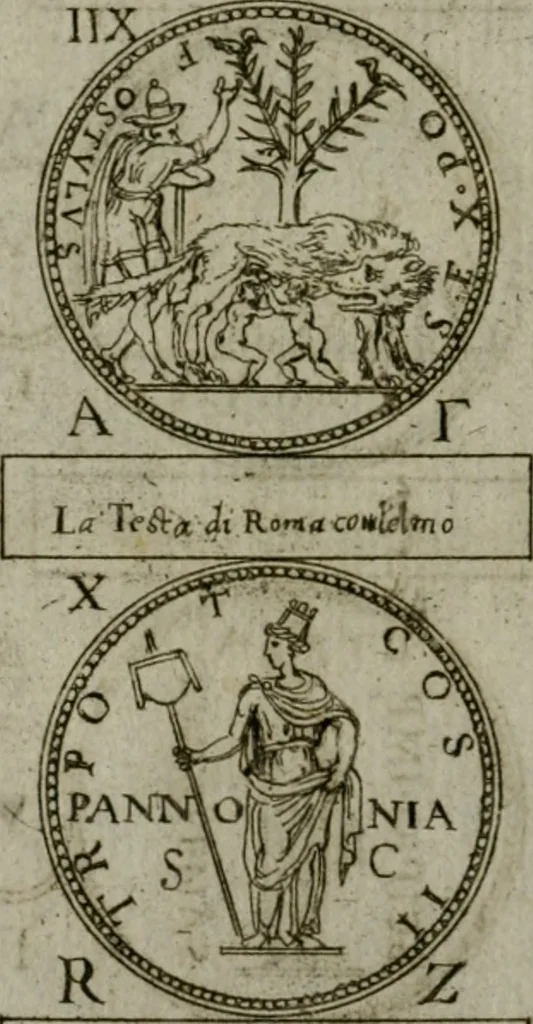 An illustration from Discorsi del S. Don Antonio Agostini sopra le medaglie et altre anticaglie divisi in XI dialoghi : tradotti dalla lingua spagnuola nell'italiana con l'aggiunta di molti ritratti di belle, et rare medaglie .., 1592, leaf 59