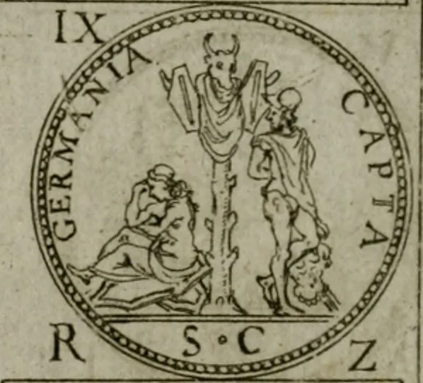 An illustration from Discorsi del S. Don Antonio Agostini sopra le medaglie et altre anticaglie divisi in XI dialoghi : tradotti dalla lingua spagnuola nell'italiana con l'aggiunta di molti ritratti di belle, et rare medaglie .., 1592, leaf 59
