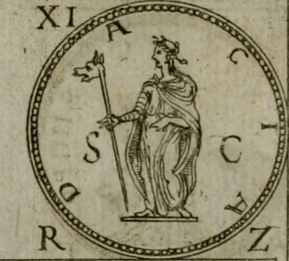An illustration from Discorsi del S. Don Antonio Agostini sopra le medaglie et altre anticaglie divisi in XI dialoghi : tradotti dalla lingua spagnuola nell'italiana con l'aggiunta di molti ritratti di belle, et rare medaglie .., 1592, leaf 59