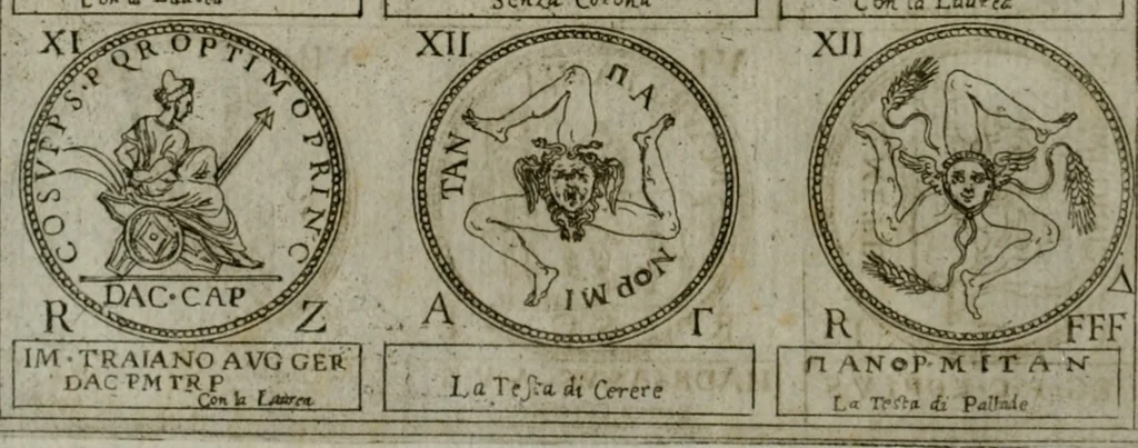An illustration from Discorsi del S. Don Antonio Agostini sopra le medaglie et altre anticaglie divisi in XI dialoghi : tradotti dalla lingua spagnuola nell'italiana con l'aggiunta di molti ritratti di belle, et rare medaglie .., 1592, leaf 59