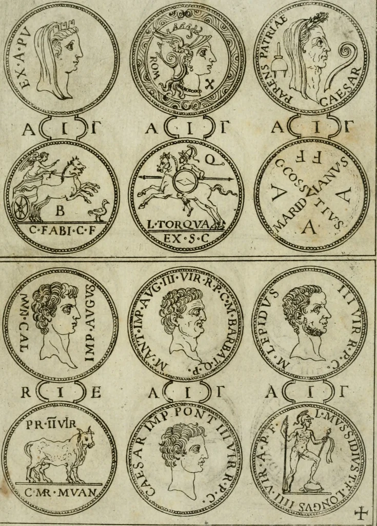 An illustration from Discorsi del S. Don Antonio Agostini sopra le medaglie et altre anticaglie divisi in XI dialoghi : tradotti dalla lingua spagnuola nell'italiana con l'aggiunta di molti ritratti di belle, et rare medaglie .., 1592, leaf 6