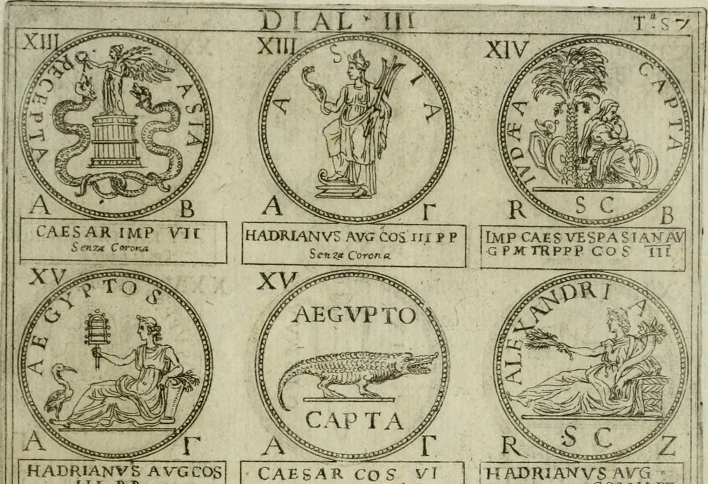 An illustration from Discorsi del S. Don Antonio Agostini sopra le medaglie et altre anticaglie divisi in XI dialoghi : tradotti dalla lingua spagnuola nell'italiana con l'aggiunta di molti ritratti di belle, et rare medaglie .., 1592, leaf 60