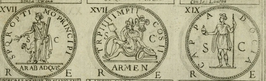 An illustration from Discorsi del S. Don Antonio Agostini sopra le medaglie et altre anticaglie divisi in XI dialoghi : tradotti dalla lingua spagnuola nell'italiana con l'aggiunta di molti ritratti di belle, et rare medaglie .., 1592, leaf 60