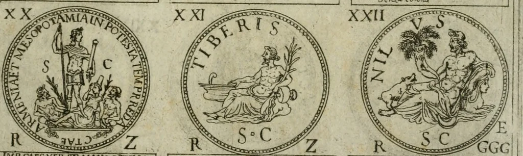 An illustration from Discorsi del S. Don Antonio Agostini sopra le medaglie et altre anticaglie divisi in XI dialoghi : tradotti dalla lingua spagnuola nell'italiana con l'aggiunta di molti ritratti di belle, et rare medaglie .., 1592, leaf 60