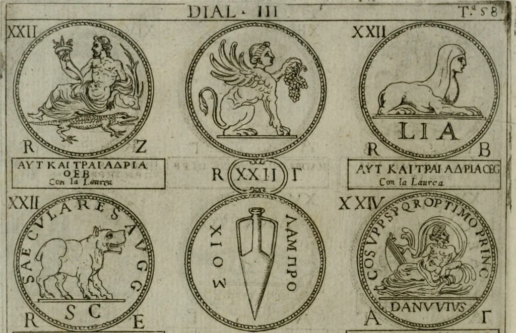 An illustration from Discorsi del S. Don Antonio Agostini sopra le medaglie et altre anticaglie divisi in XI dialoghi : tradotti dalla lingua spagnuola nell'italiana con l'aggiunta di molti ritratti di belle, et rare medaglie .., 1592, leaf 61