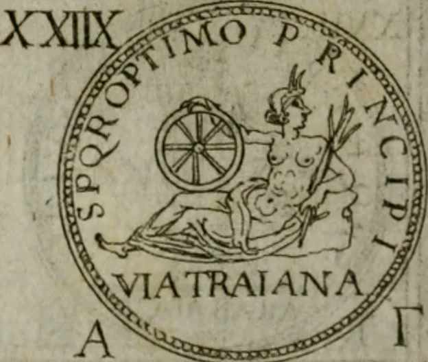 An illustration from Discorsi del S. Don Antonio Agostini sopra le medaglie et altre anticaglie divisi in XI dialoghi : tradotti dalla lingua spagnuola nell'italiana con l'aggiunta di molti ritratti di belle, et rare medaglie .., 1592, leaf 61