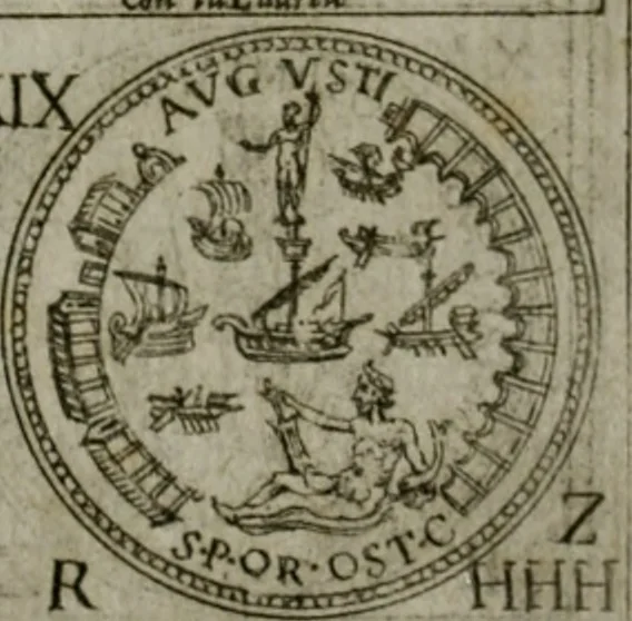 An illustration from Discorsi del S. Don Antonio Agostini sopra le medaglie et altre anticaglie divisi in XI dialoghi : tradotti dalla lingua spagnuola nell'italiana con l'aggiunta di molti ritratti di belle, et rare medaglie .., 1592, leaf 61