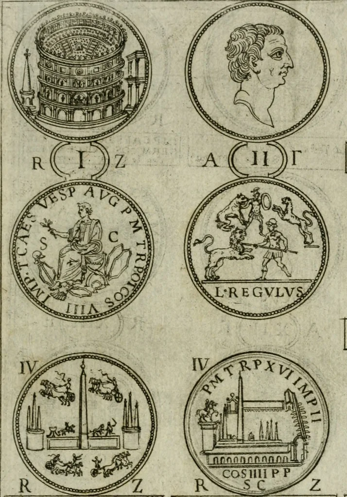 An illustration from Discorsi del S. Don Antonio Agostini sopra le medaglie et altre anticaglie divisi in XI dialoghi : tradotti dalla lingua spagnuola nell'italiana con l'aggiunta di molti ritratti di belle, et rare medaglie .., 1592, leaf 62