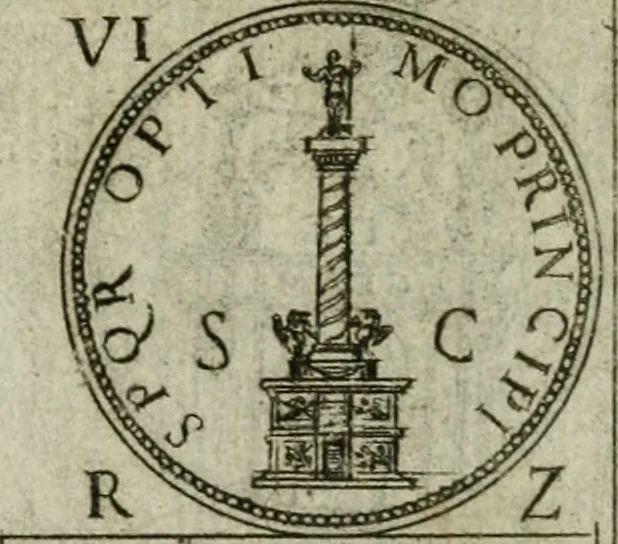 An illustration from Discorsi del S. Don Antonio Agostini sopra le medaglie et altre anticaglie divisi in XI dialoghi : tradotti dalla lingua spagnuola nell'italiana con l'aggiunta di molti ritratti di belle, et rare medaglie .., 1592, leaf 62
