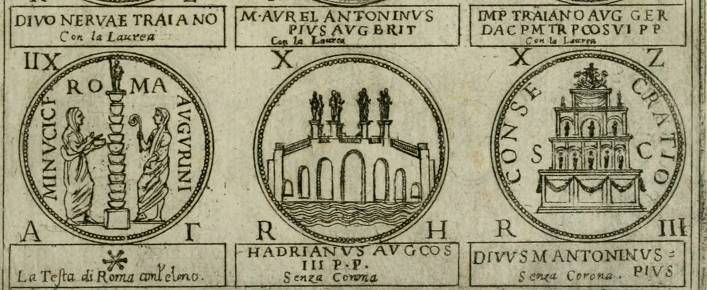 An illustration from Discorsi del S. Don Antonio Agostini sopra le medaglie et altre anticaglie divisi in XI dialoghi : tradotti dalla lingua spagnuola nell'italiana con l'aggiunta di molti ritratti di belle, et rare medaglie .., 1592, leaf 62